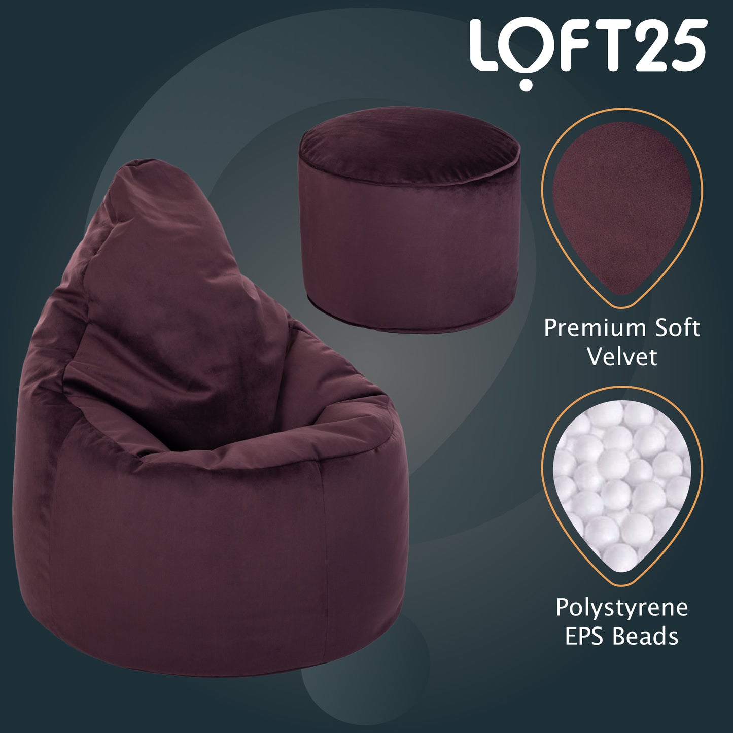 Loft 25 Capriccio Velvet Bean Bag Chair With Footstool