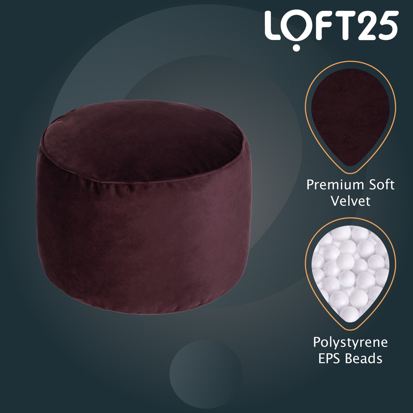 Loft 25 Premium Round Velvet BeanBag Footstool