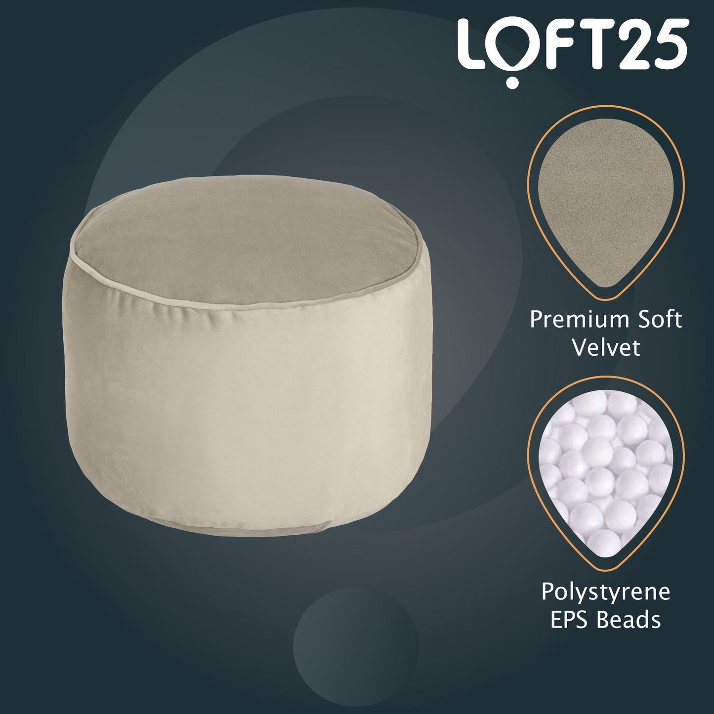 Loft 25 Premium Round Velvet BeanBag Footstool