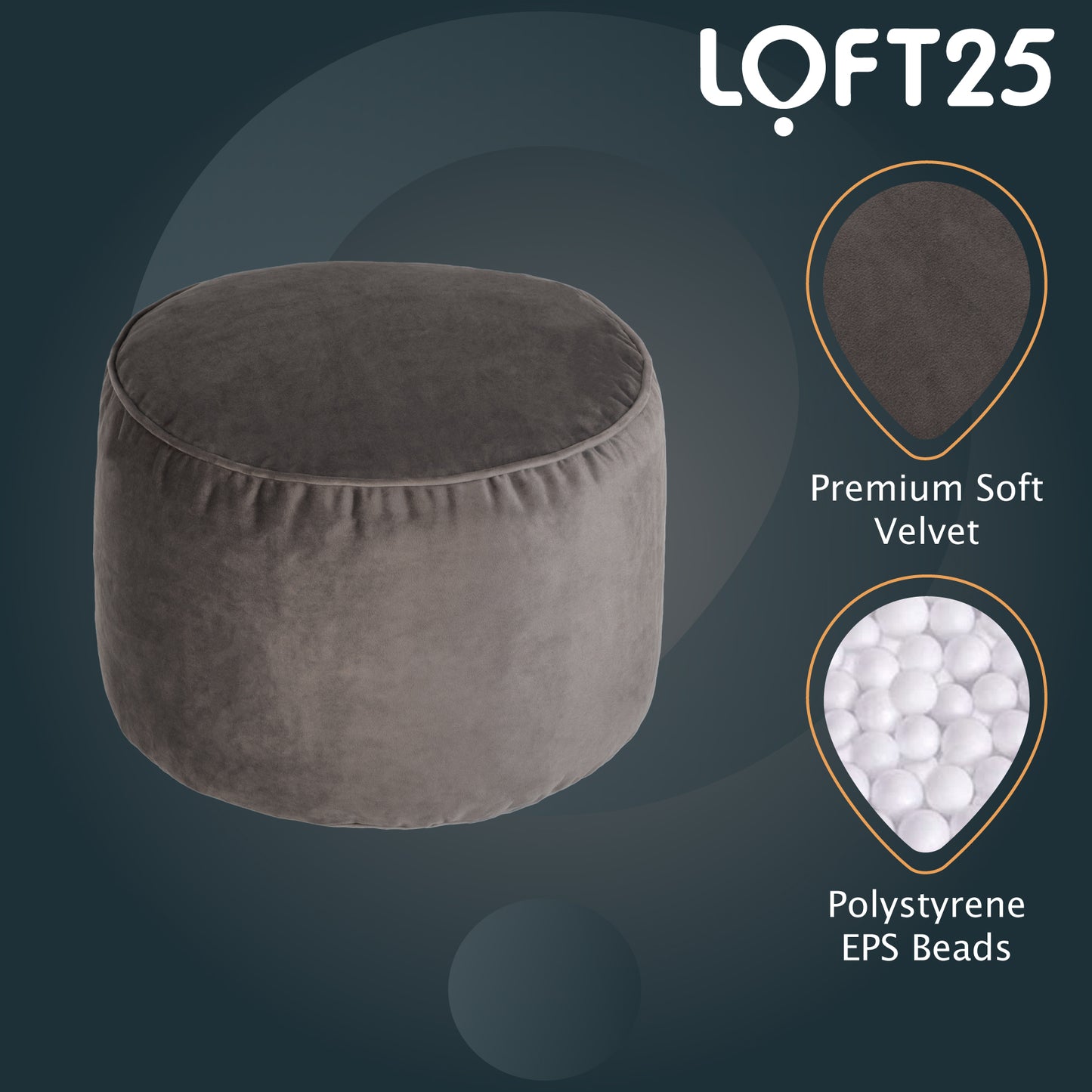 Loft 25 Premium Round Velvet BeanBag Footstool