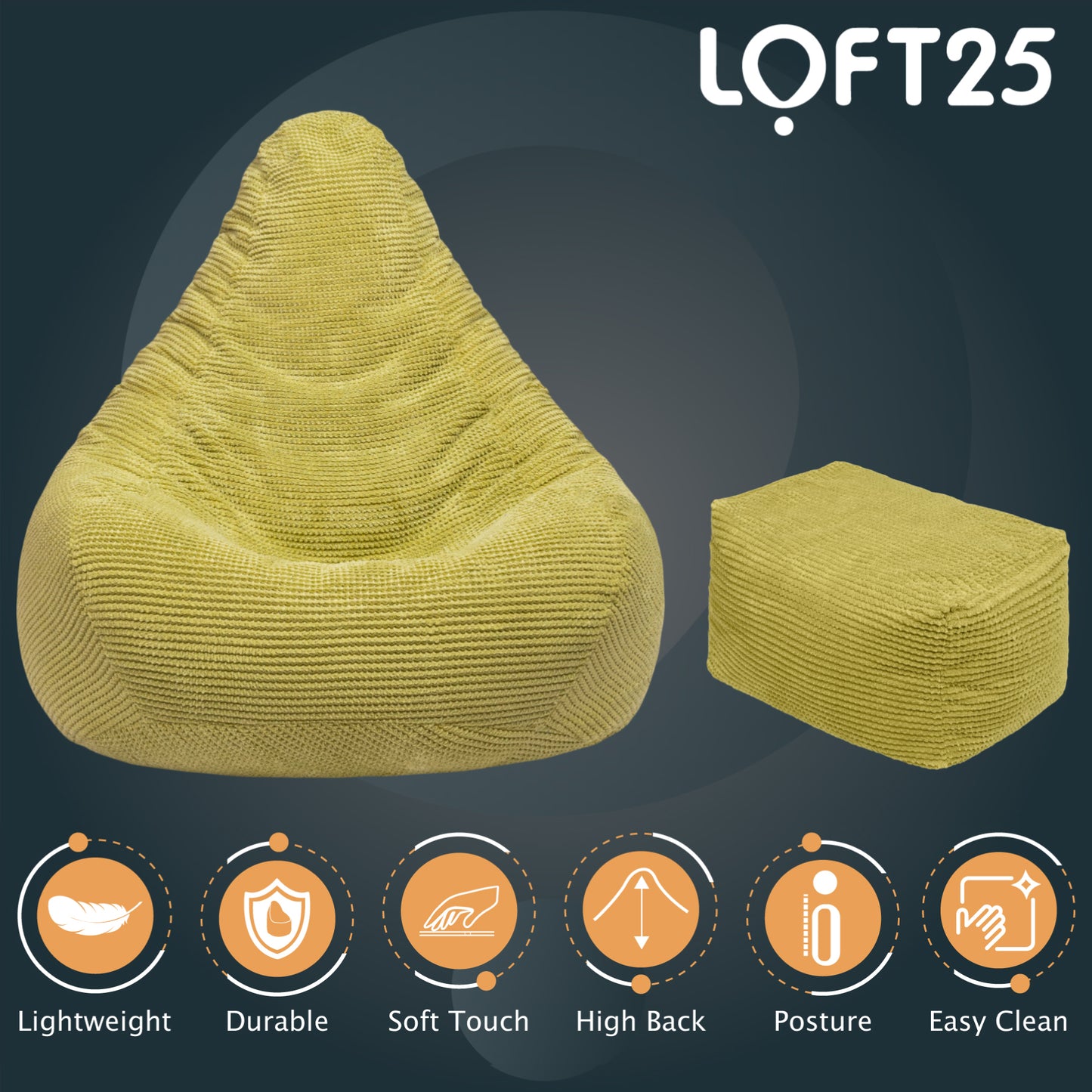 Loft 25 Adult Corduroy Highback Bean Bag Chair with Footstool