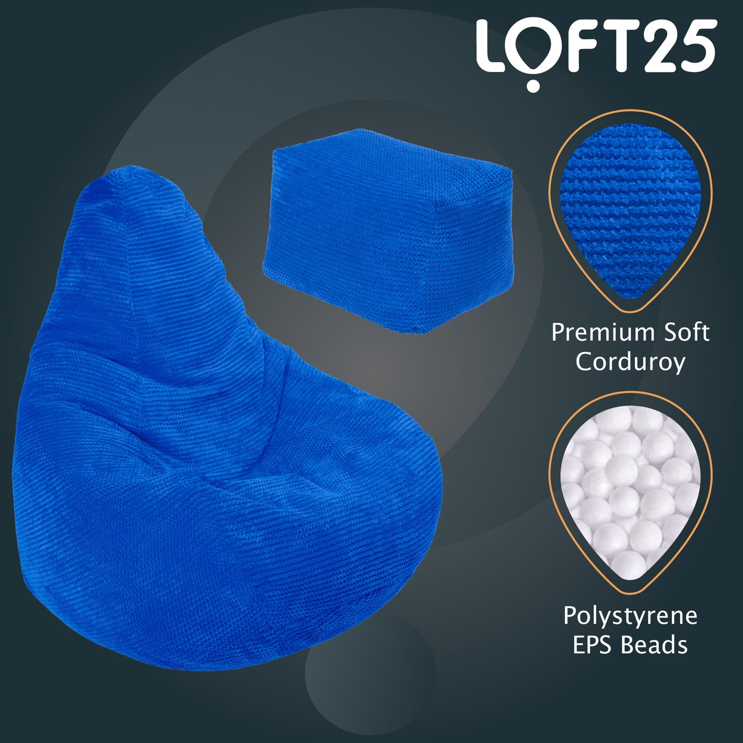 Loft 25 Adult Corduroy Highback Bean Bag Chair with Footstool