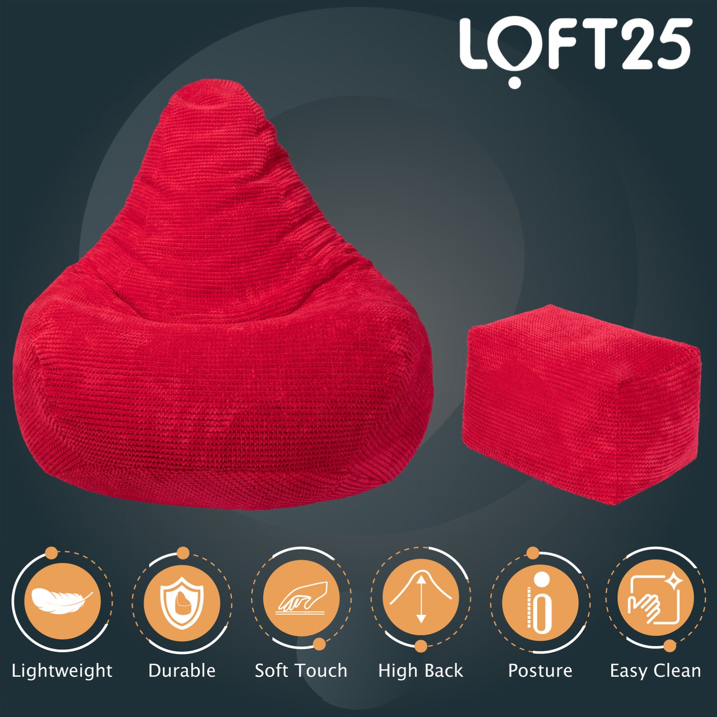 Loft 25 Adult Corduroy Highback Bean Bag Chair with Footstool