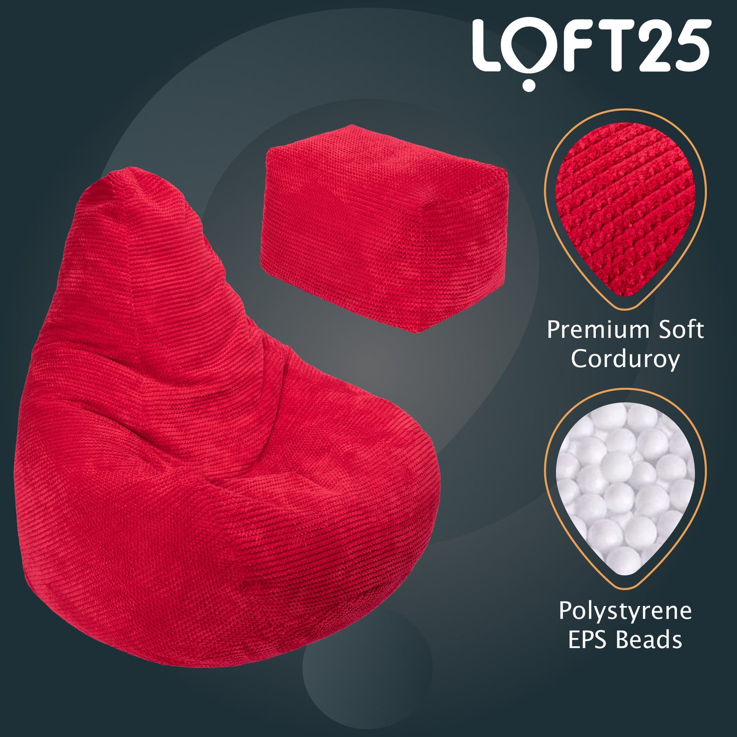 Loft 25 Adult Corduroy Highback Bean Bag Chair with Footstool