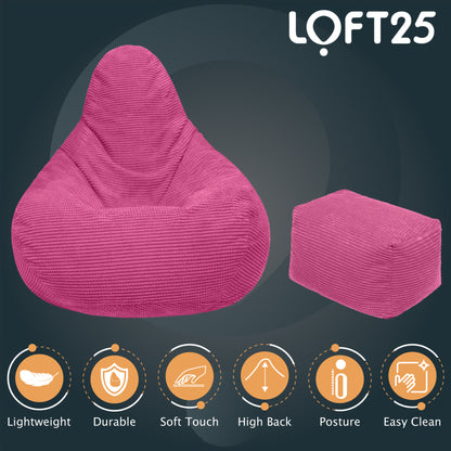 Loft 25 Adult Corduroy Highback Bean Bag Chair with Footstool